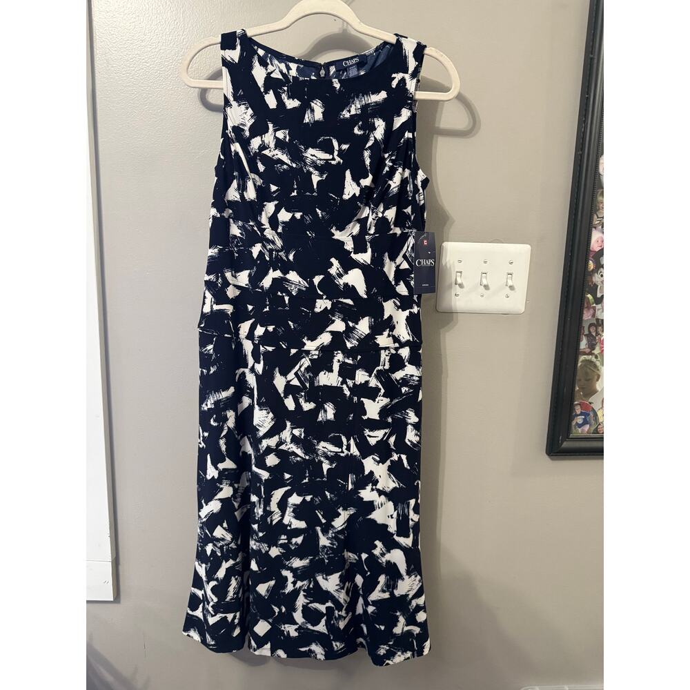 NWT Chaps Navy Sleeveless Maxi Dress Sz Med Abstract Zip Up Back Career Stretchy